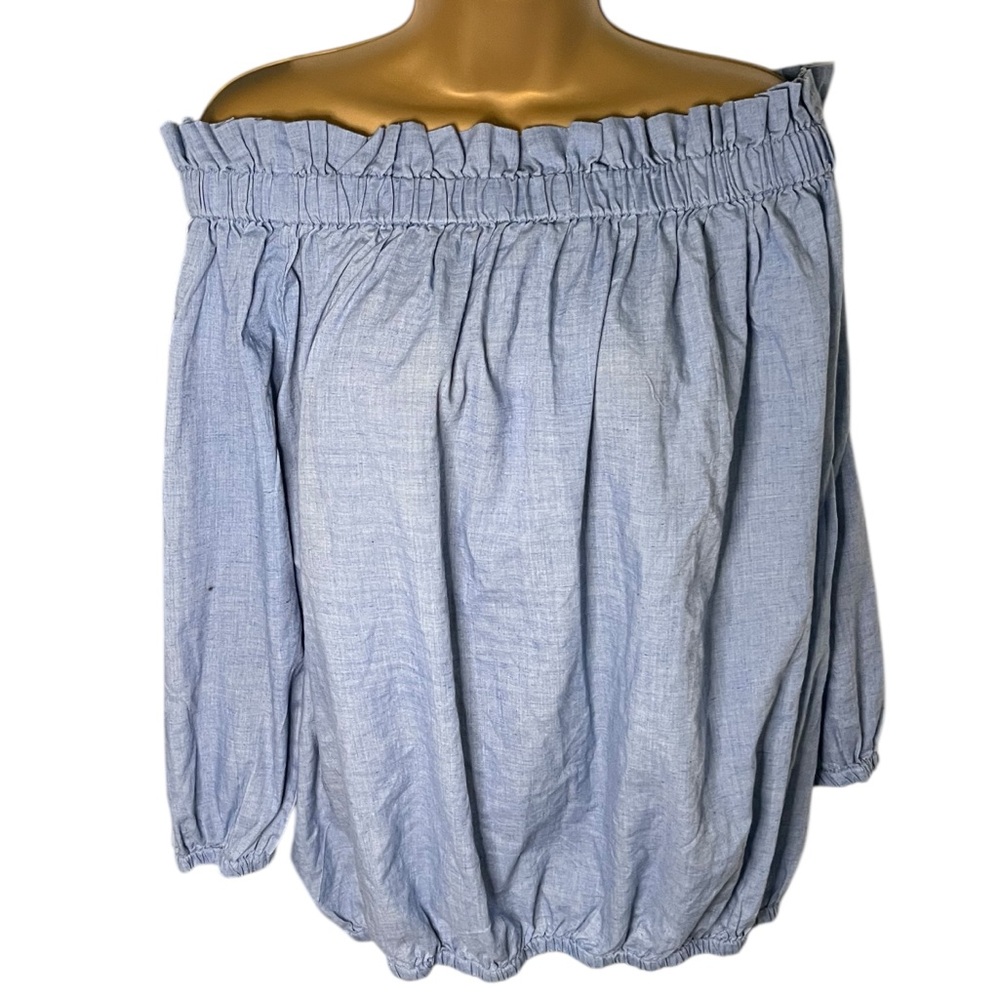 Ashley Stewart Off Shoulder Puff Sleeve Chambray Top Light Blue 22
